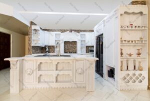 کابینت کلاسیک روکش چوب سفید با جزیره بزرگ و نورپردازی مخفی