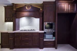 کابینت روکش چوب مجلل با قفسه نوشیدنی و نور مخفی سقف