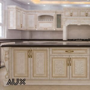 کابینت روکش چوب سفید طلایی با طراحی جزیره کارآمد