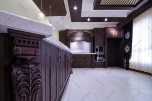 کابینت آشپزخانه با روکش چوب گردویی و صفحه کوارتز سفید