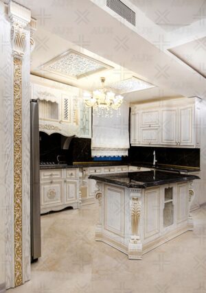 صفحه‌سنگ مشکی با رگه‌های طبیعی برای کابینت‌ها و جزیره